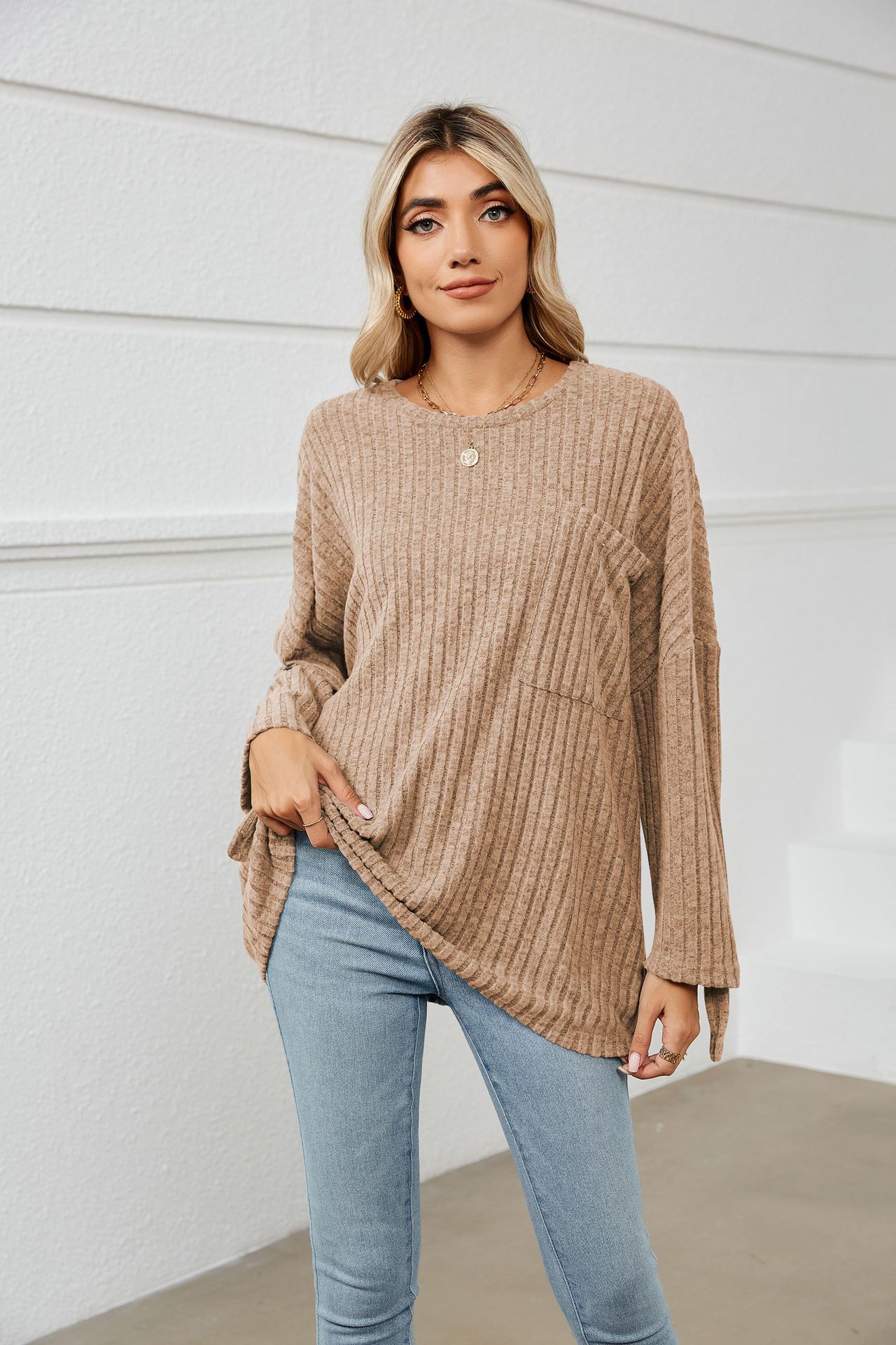 Women's Sunken Stripe Fleece Long-sleeved T-shirt