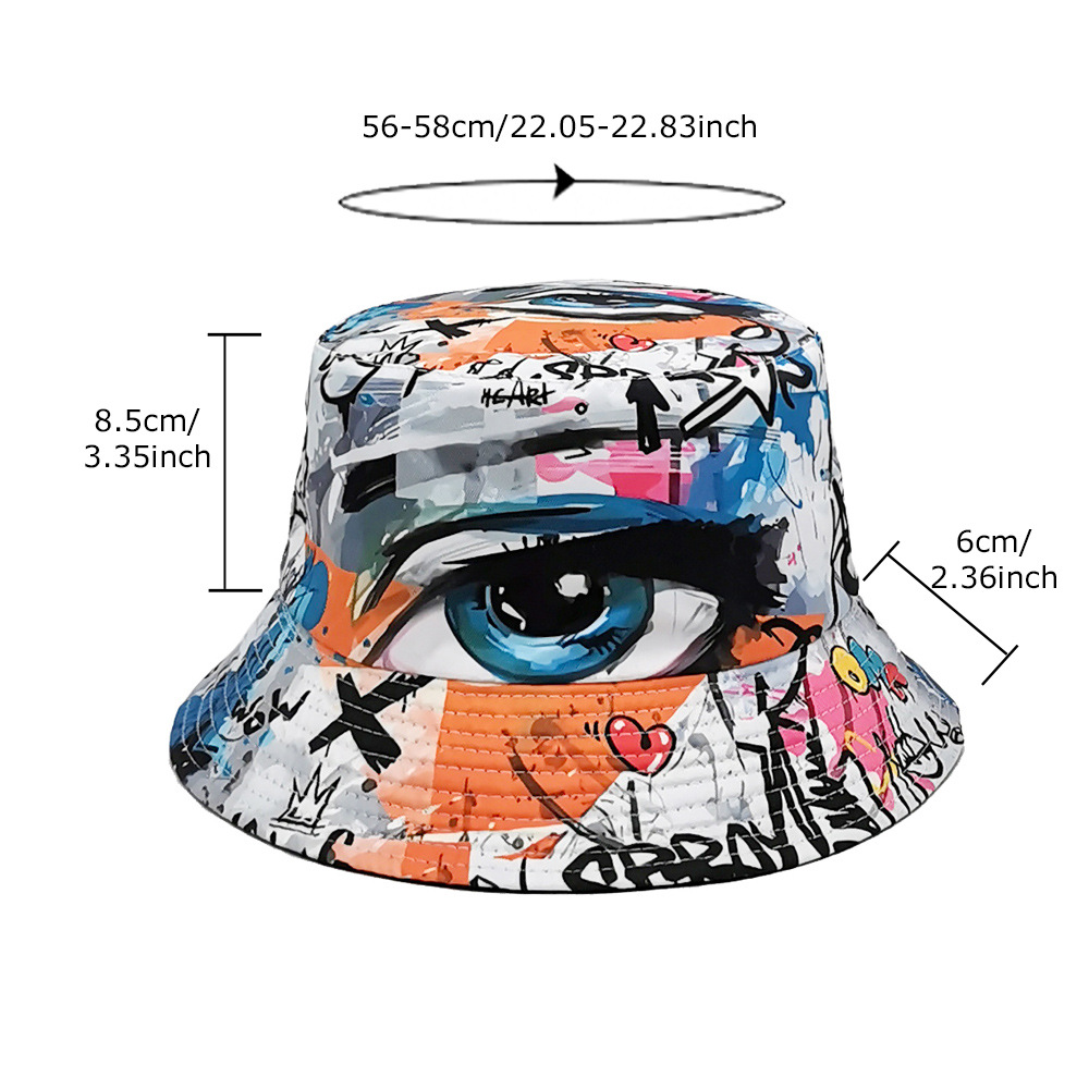 white bucket hats graffiti eye pattern close-up, size M 56-58cm dome crown bucket hat for travel and everyday shade