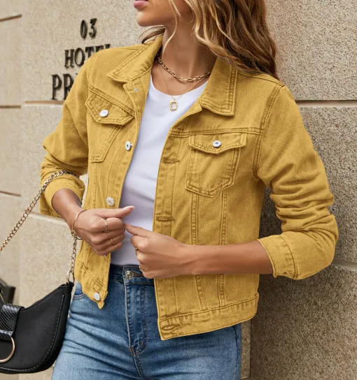 Solid Color Fashion Slim Lapel Denim Jacket Khaki - Shop at LoveMi
