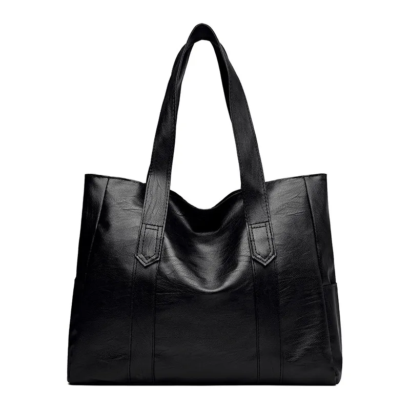 Retro High Sense Soft Leather Tote Simple Versatile Handbag Commuter Texture Ladies Underarm Bag - Black