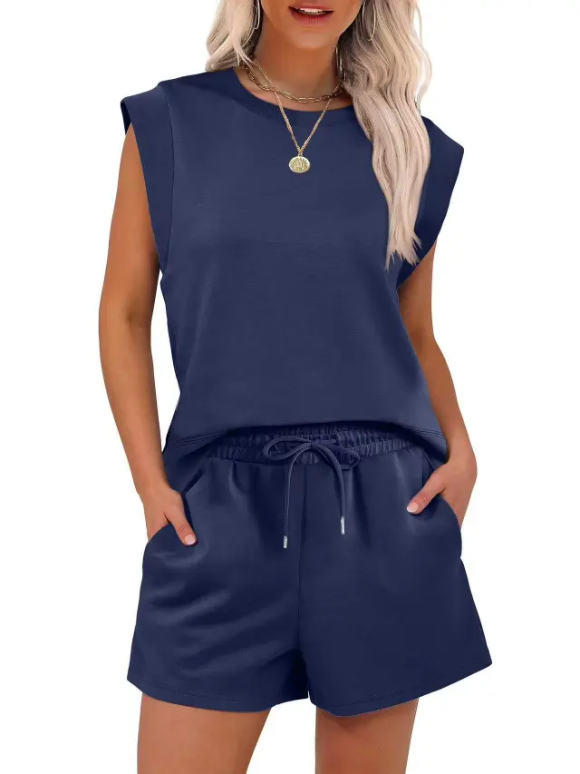 Round Neck Cover Sleeve Top With Pockets Shorts Suit Navy - Shop at LoveMi