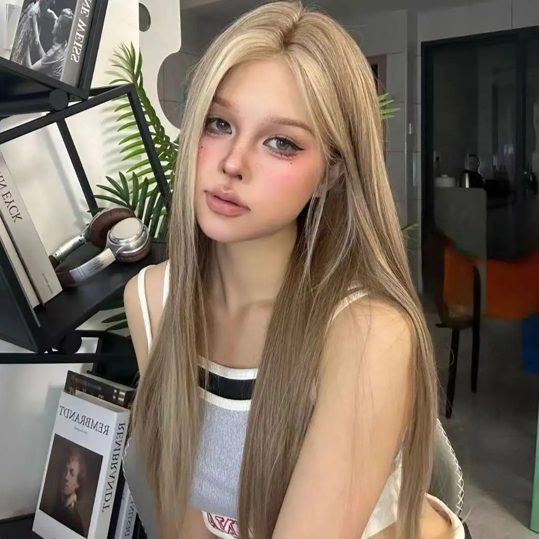 Forehead Lace Wig Female Full Head Golden Brown Gradient Center-parted Wig