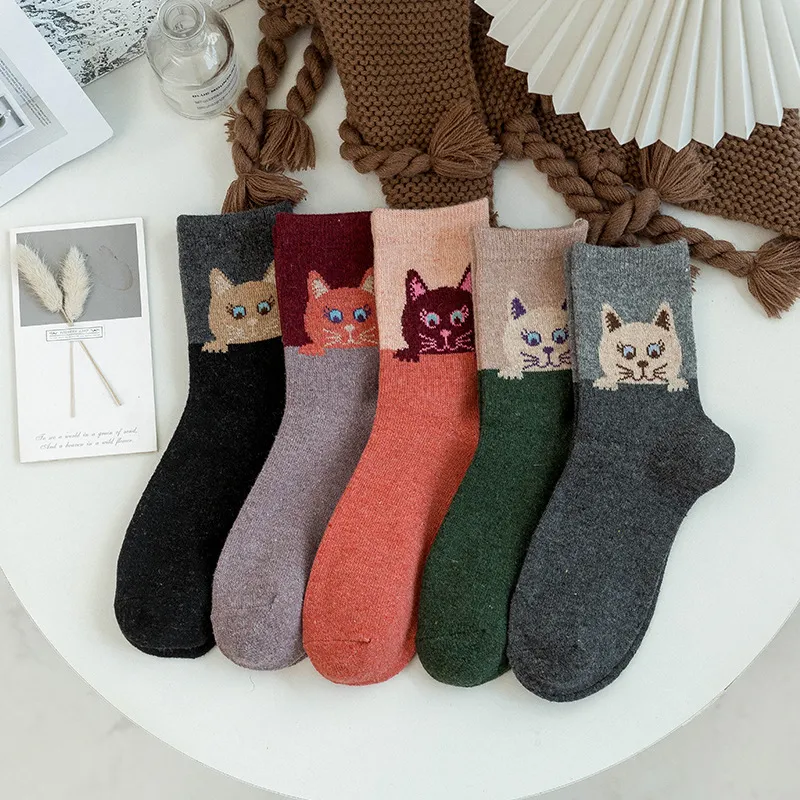 Womens Knee-high Big-face Cat Socks - 5 Pairs