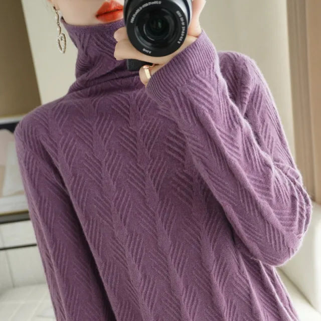 Pure Wool Cascading Collar Pullover Loose Sweater Purple - Shop at LoveMi
