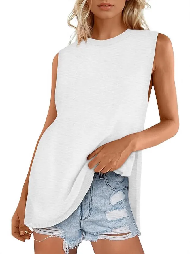 European And American Style Women Summer Vest Round Neck Sweater Casual Sleeveless Knitted Fashion - White