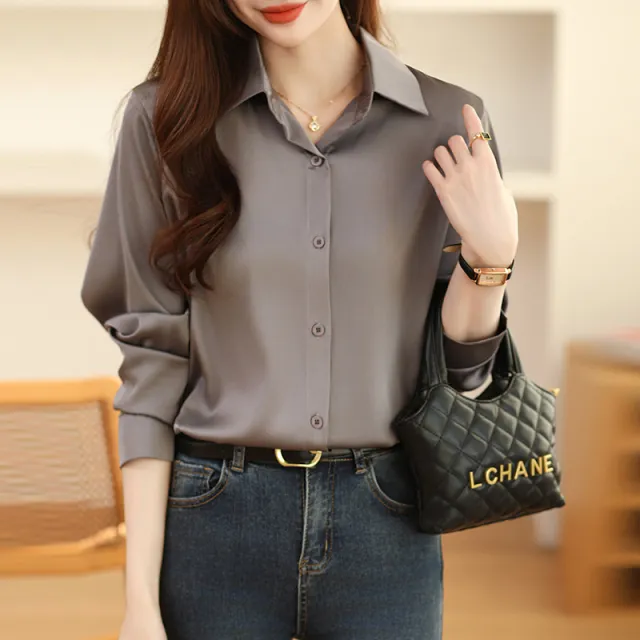 High grade Non ironing Anti wrinkle Shirt Women's Solid Color Acetate Shirt Silver Gray - Shop at LoveMi