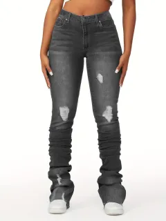 High Waist Women's Clothing Denim Bell-bottom Pants - Gray - View 1