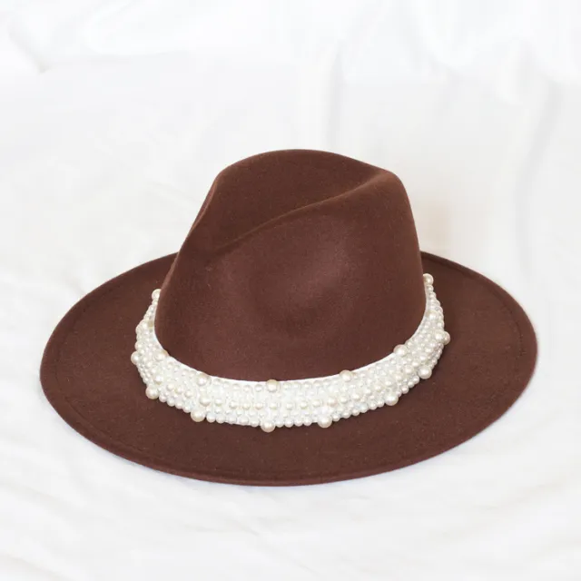 Handmade Pearl Top Hat Big Brim Fur Felt Hat Brown - Shop at LoveMi