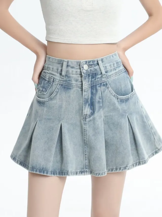 Retro Denim Skirt Summer A Line Pleated Skirt Light Blue - Shop at LoveMi