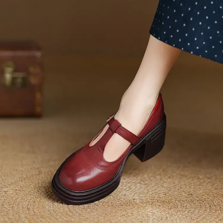 Round-toe Thong-style Strap High-heeled Block-heeled Shoes