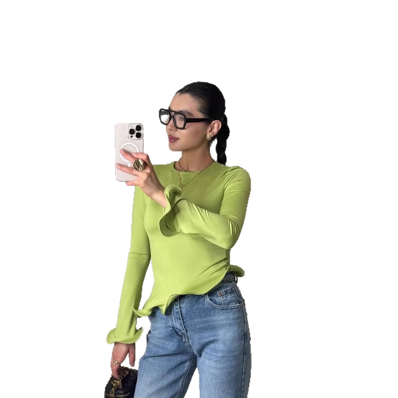 Crew-neck T-shirt With A Solid Color And An Asymmetrical Ruffled Hem