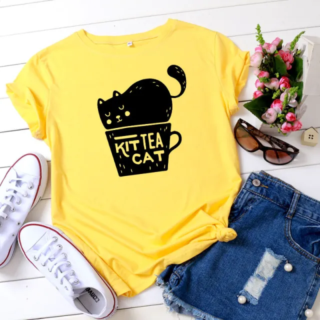 Casual KIT TEA CAT Printed Round Neck Plus Size Short Sleeve Yellow Black - Shop at LoveMi