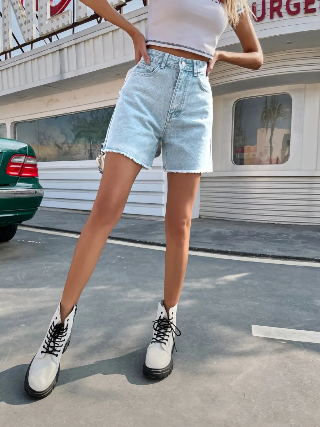 High Waist Loose Casual Women's Denim Shorts - White