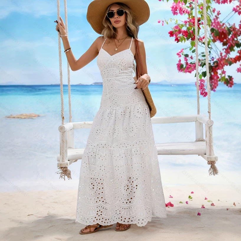 Elegant Hollowed-Out Embroidered Lace Sleeveless Dress