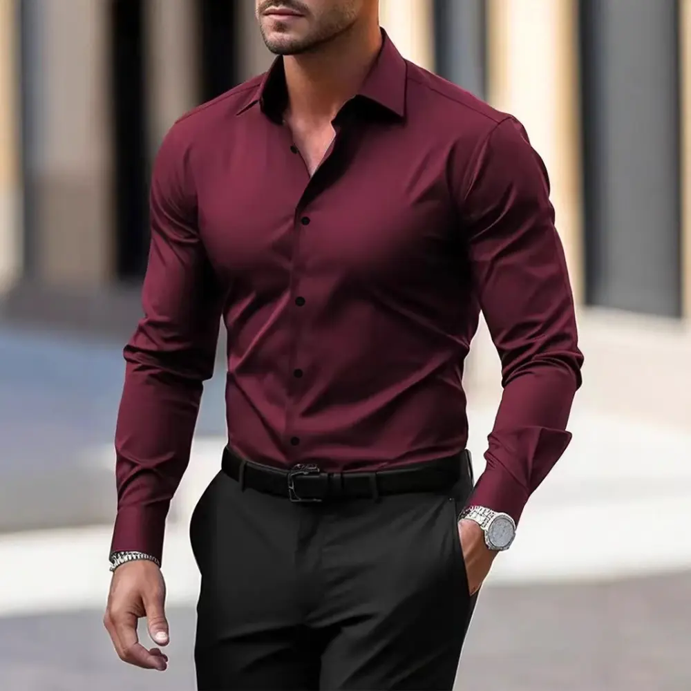 Men's Shirt Business Button Down Summer Solid Color Long