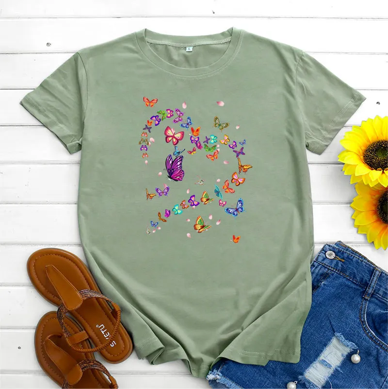 Women's Fashionable Simple Heart Butterfly Printed Round Neck Short Sleeve T-shirt - Bean Green