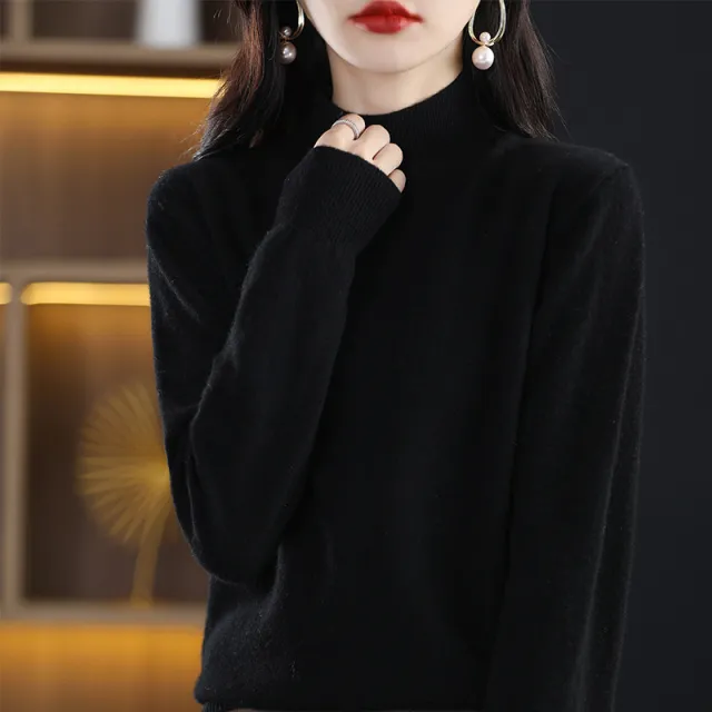 Loose Slimming Thickened New Wool Women's Half Turtleneck Knitted Sweater Black - Shop at LoveMi