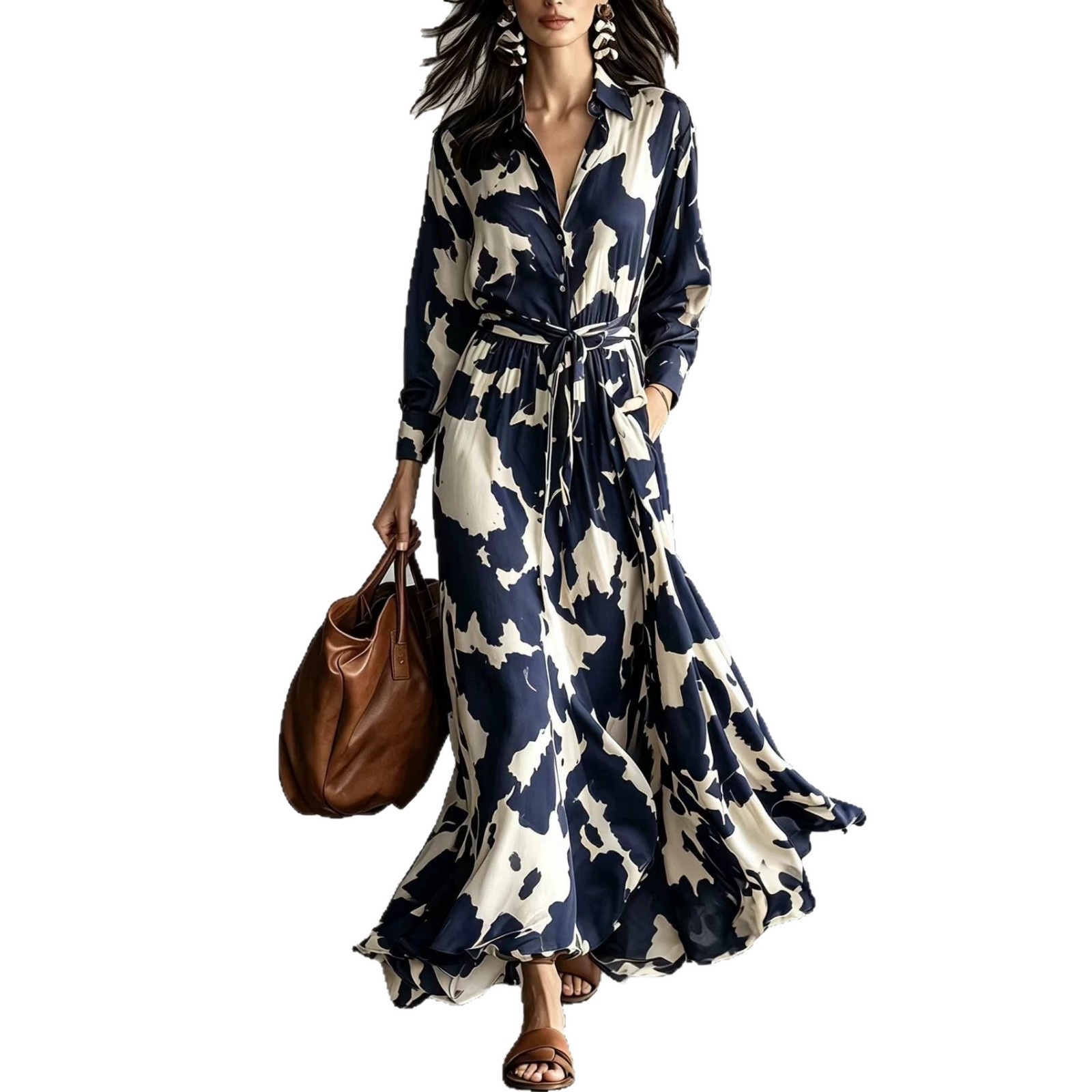Cow Patterned Long Sleeved Shirt With Waist Cinching And Large Swing Long Dress For Women