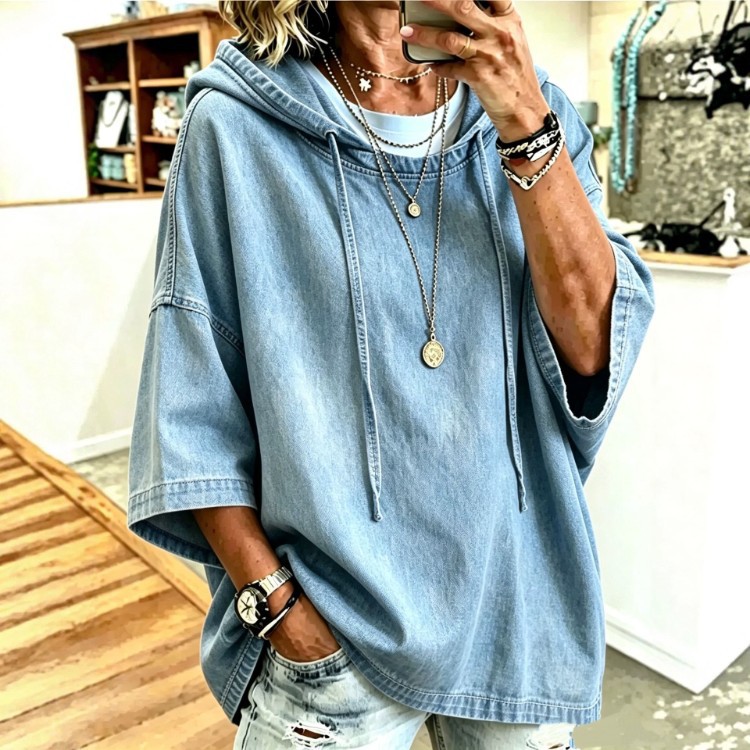 Loose-fit Drawstring-hooded Denim Jacket product image