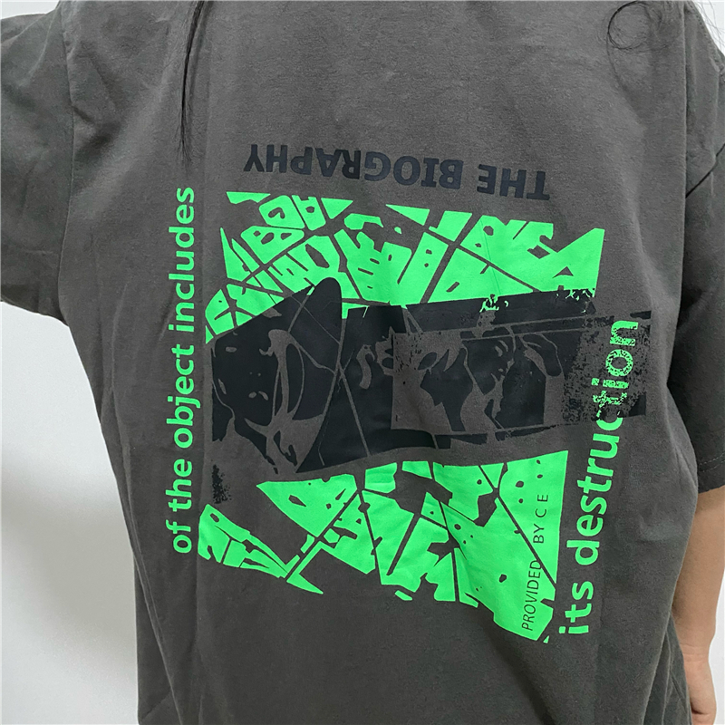 Washed Old Batik Fluorescent Green Letter Print Short-sleeve