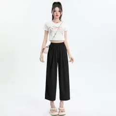 Elastic Waist High Waist Wide Leg Pants Cropped Drape Small Lazy And Loose - Black - View 1