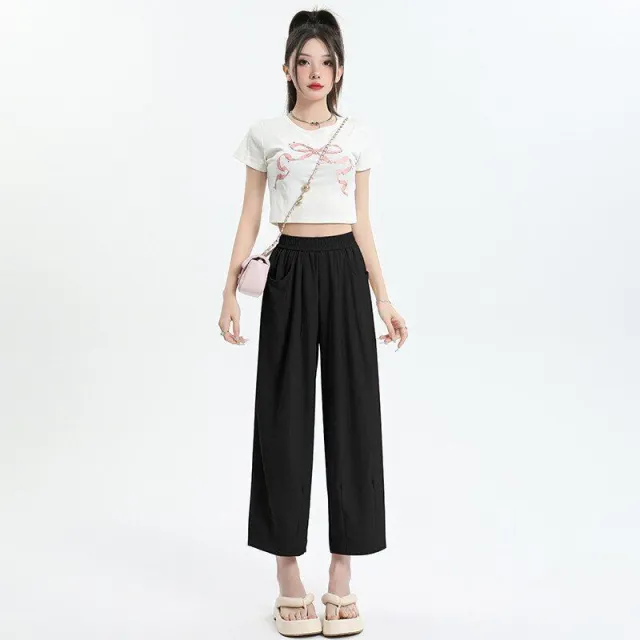 Elastic Waist High Waist Wide Leg Pants Cropped Drape Small Lazy And Loose Black - Shop at LoveMi