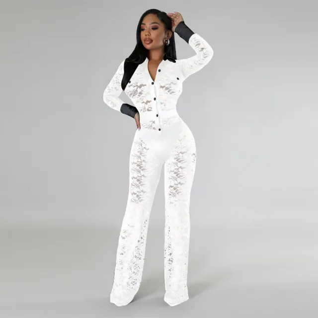 Women's Clothing Lace Contrast color Stitching Jumpsuit White - Shop at LoveMi