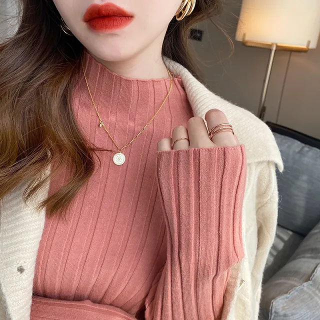 Hollow Striped Mock neck Bottoming Shirt Women's Sweater Pink - Shop at LoveMi