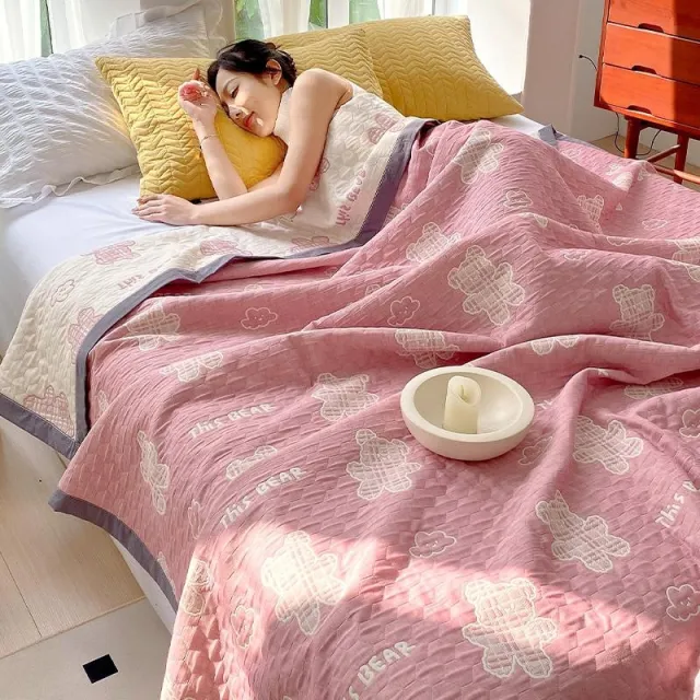 Cotton Three layer Office Nap Shawl Cloud Bear Pink - Shop at LoveMi