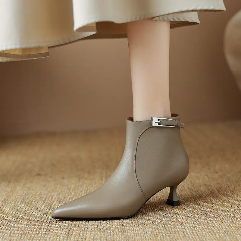 Womens Stylish Leather Pointed-Toe High-Heel Ankle Boots With Buckle Strap And Side Zipper
