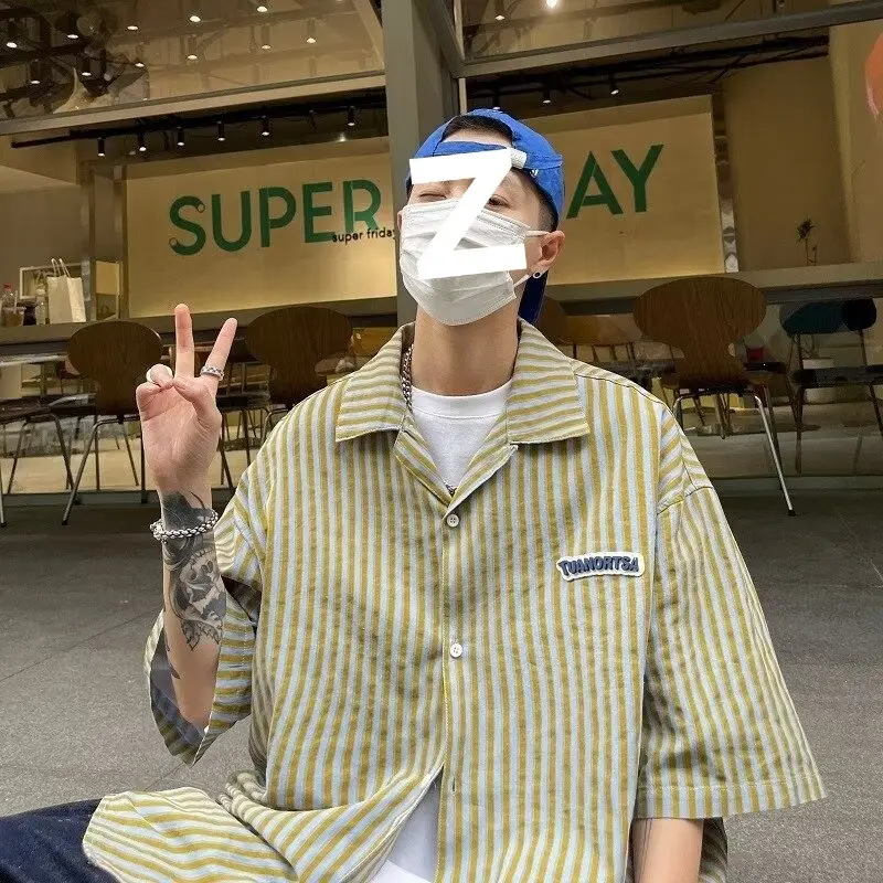 Mens Japanese-style Vintage Striped Short-sleeve Shirt