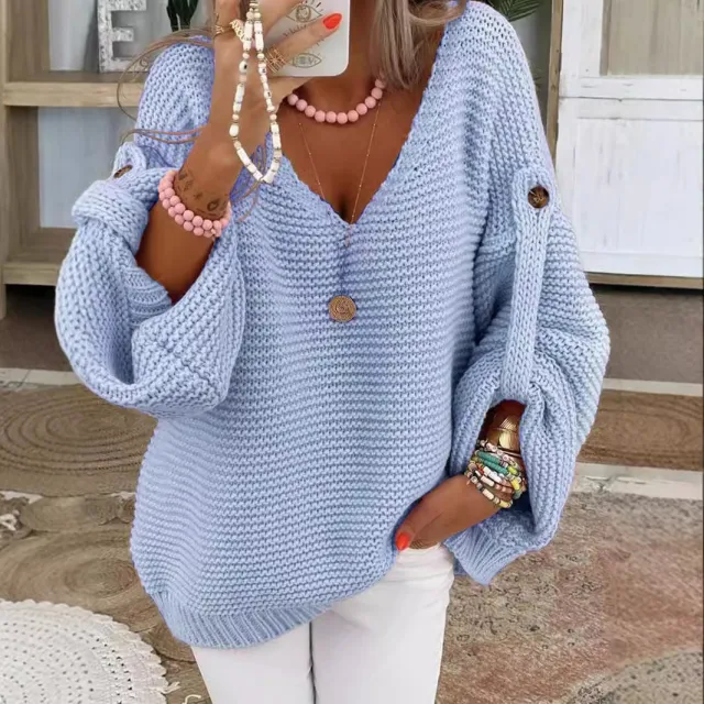 Autumn And Winter Long Sleeve V neck Sweater Blue - Shop at LoveMi