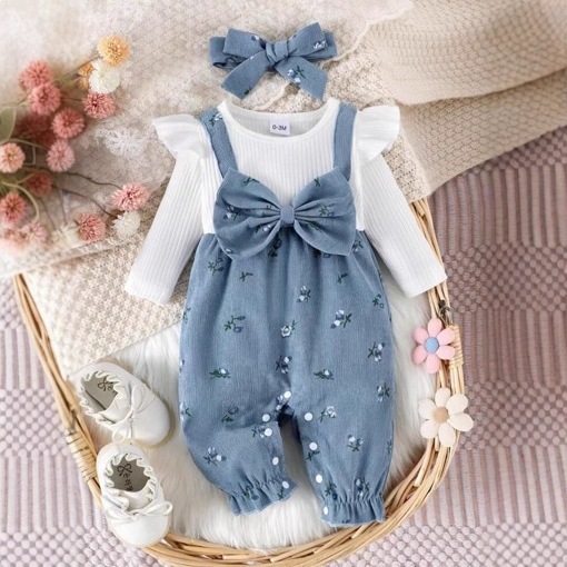 Bow-Knot Flounce-Sleeve Mock Two-Piece Corduroy Long-Sleeve Jumpsuit