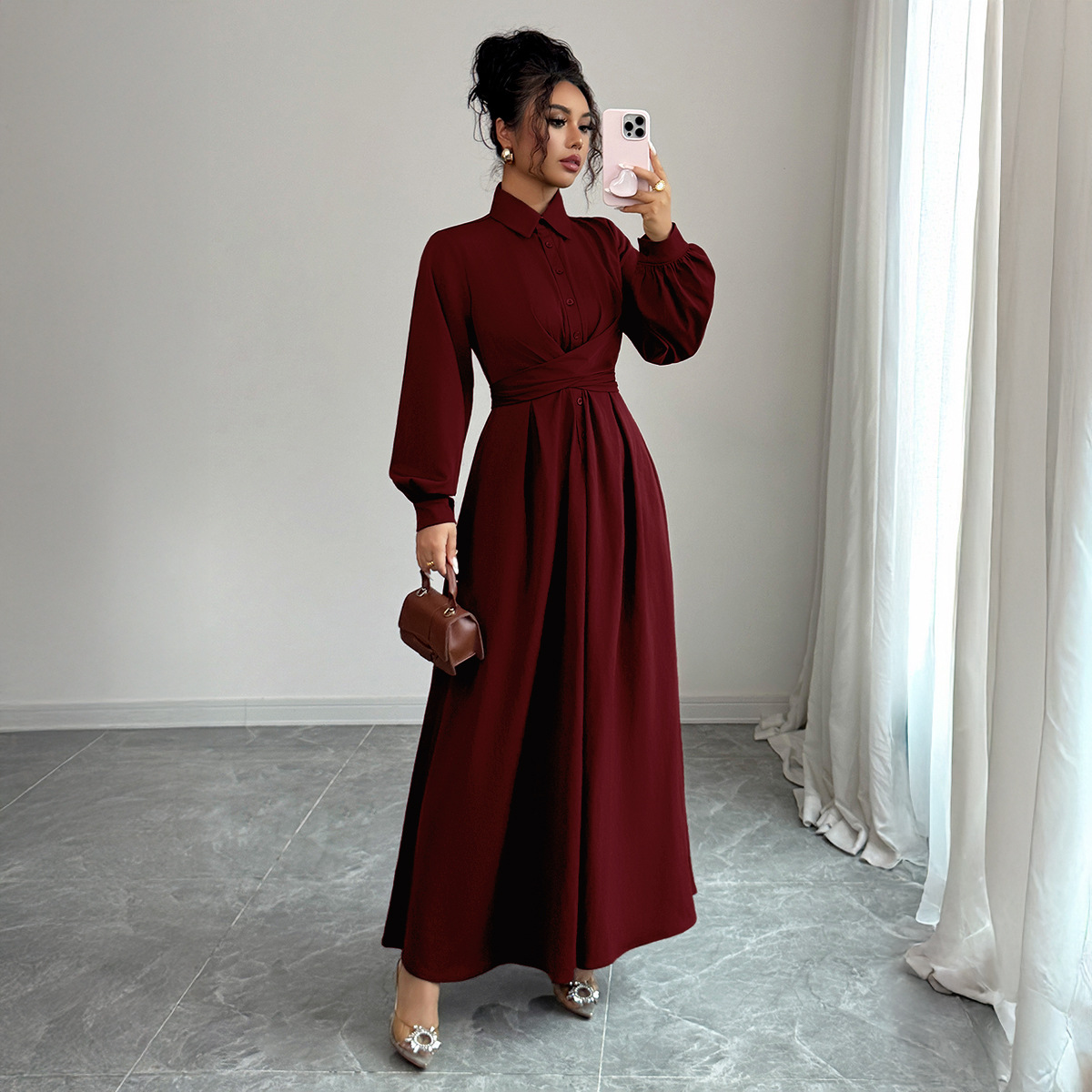 Women's Solid Color Simple And Stylish Button Down Long Sleeve Dress Wine - Shop at LoveMi