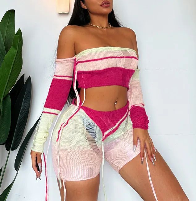 Openwork Knitted Top With Booties Rose Red - Shop at LoveMi