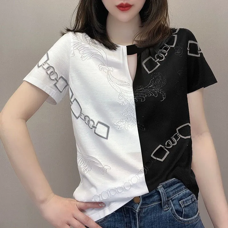 Color Matching Polo Collar Printed Rhinestones Short Sleeve Women's Top - Black
