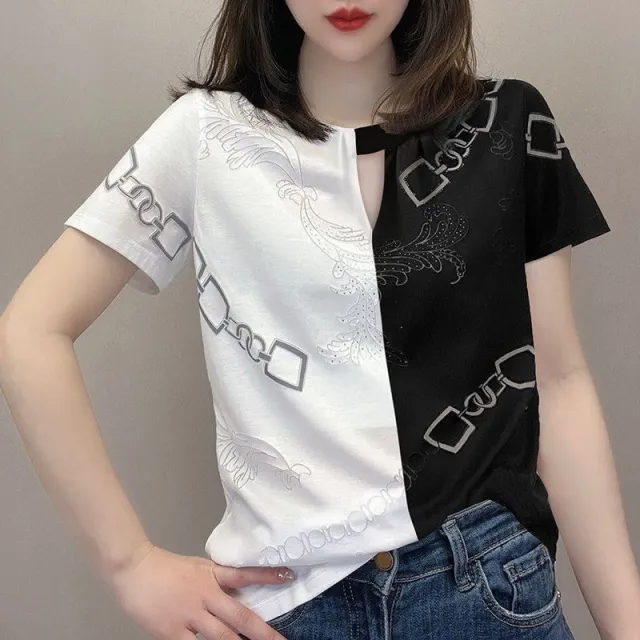 Color Matching Polo Collar Printed Rhinestones Short Sleeve Women's Top Black - Shop at LoveMi