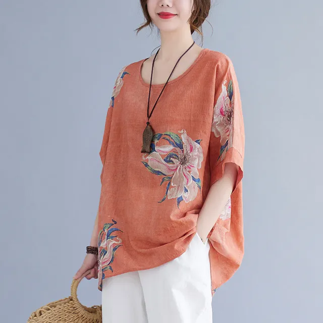 Korean Cotton Hemp Plus Size Mm Half Sleeve Top Summer Orange - Shop at LoveMi