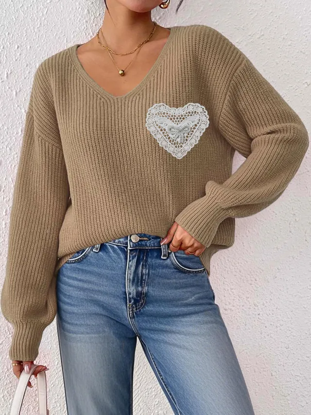 Women's V neck Lace Brick Bow Patchwork Pocket Pullover Top Camel - Shop at LoveMi