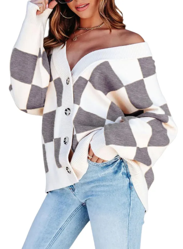 Women's Autumnwinter Casual Loose Checkered Contrast Color Knitted Cardigan Red - Shop at LoveMi