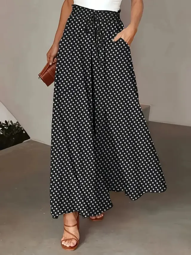 Polka Dot Print Trousers Fashion Loose Elastic Waist Wide leg Pants Women's Clothing Graphite Color - Shop at LoveMi