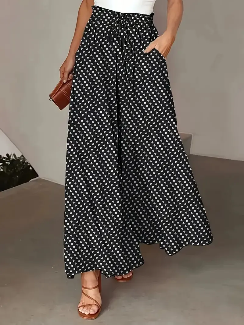 Polka Dot Print Trousers Fashion Loose Elastic Waist Wide-leg Pants Women's Clothing - Graphite Colour