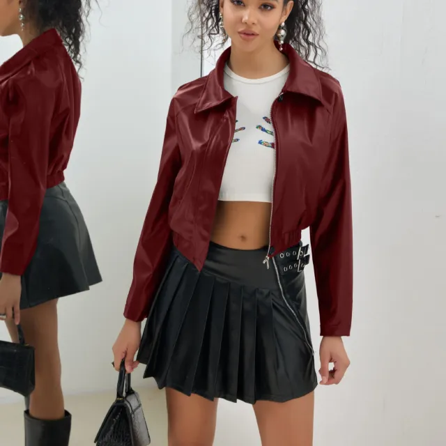 Leather Short Jacket Vintage Zipper American Casual Motorcycle Wine Red - Shop at LoveMi