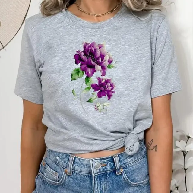 European And American Digital Printing Casual Round Neck T shirt Grey - Shop at LoveMi