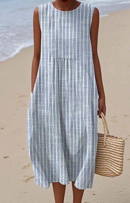 Pocketed Crew-neck Dress With Geometric And Floral Elements