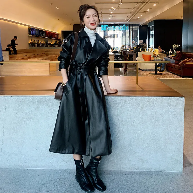 Autumn New Leather Trench Slim-fit Leather Coat - Black