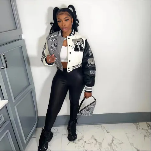 Color Block Press Button Fashion Printed Double Layer Jacket Gray - Shop at LoveMi