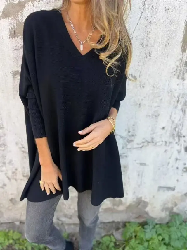 New Autumnwinter Women's Long sleeve Knitted V neck Loose fitting Long Top Black - Shop at LoveMi