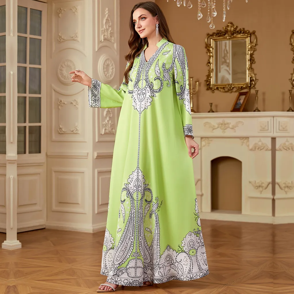 Casual Muslim Beaded Loose Print Dress - Green