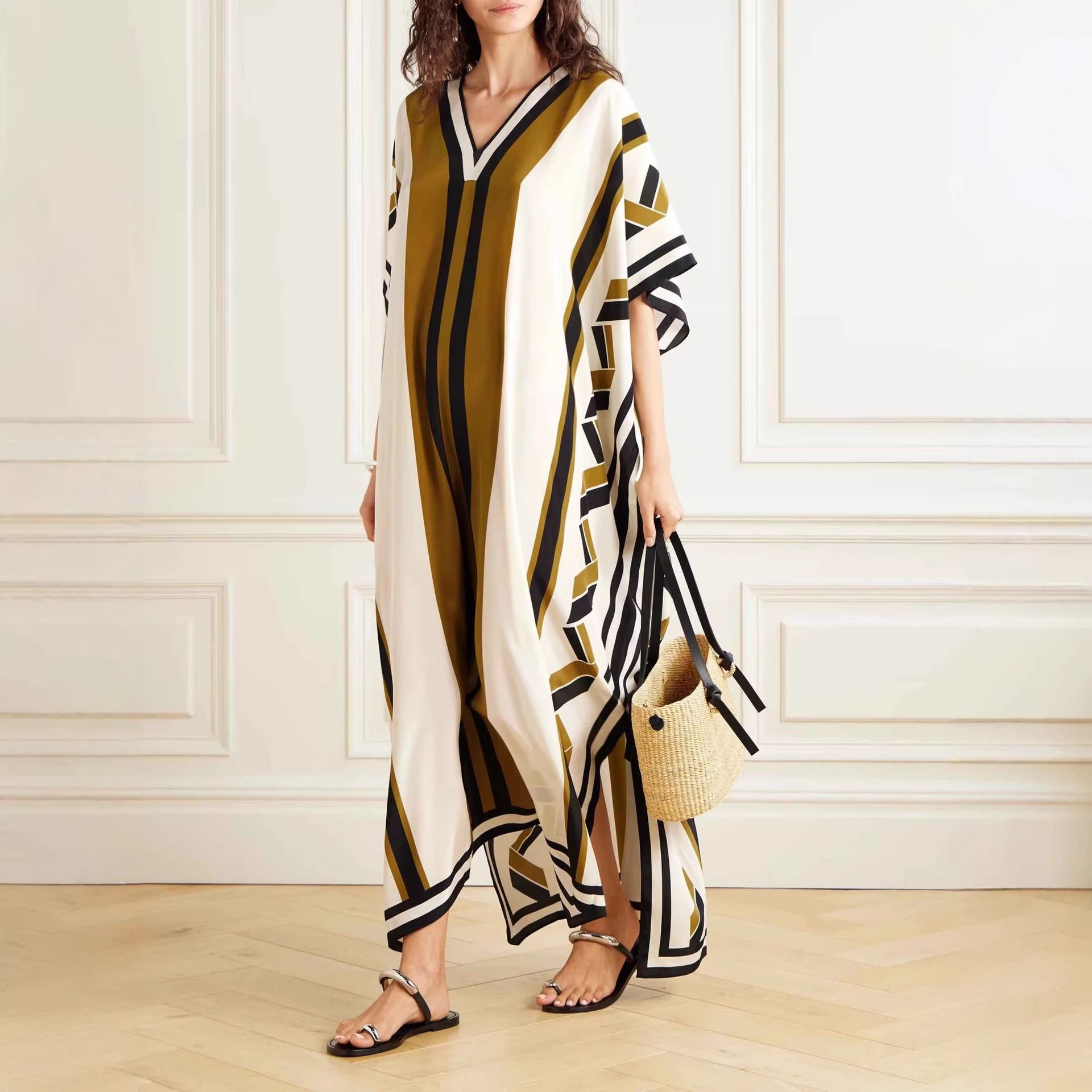 Striped Printed Lace-Up Maxi Dress